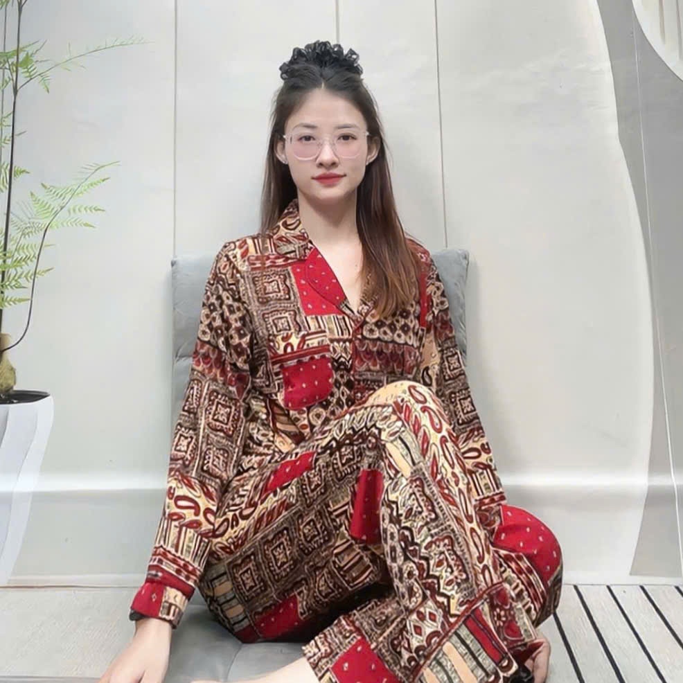[Tay Dài] Mango Đồ Bộ Pyjama Viền Lé Tay Dài Quần Dài Lụa Cao Cấp Size 45-69kg