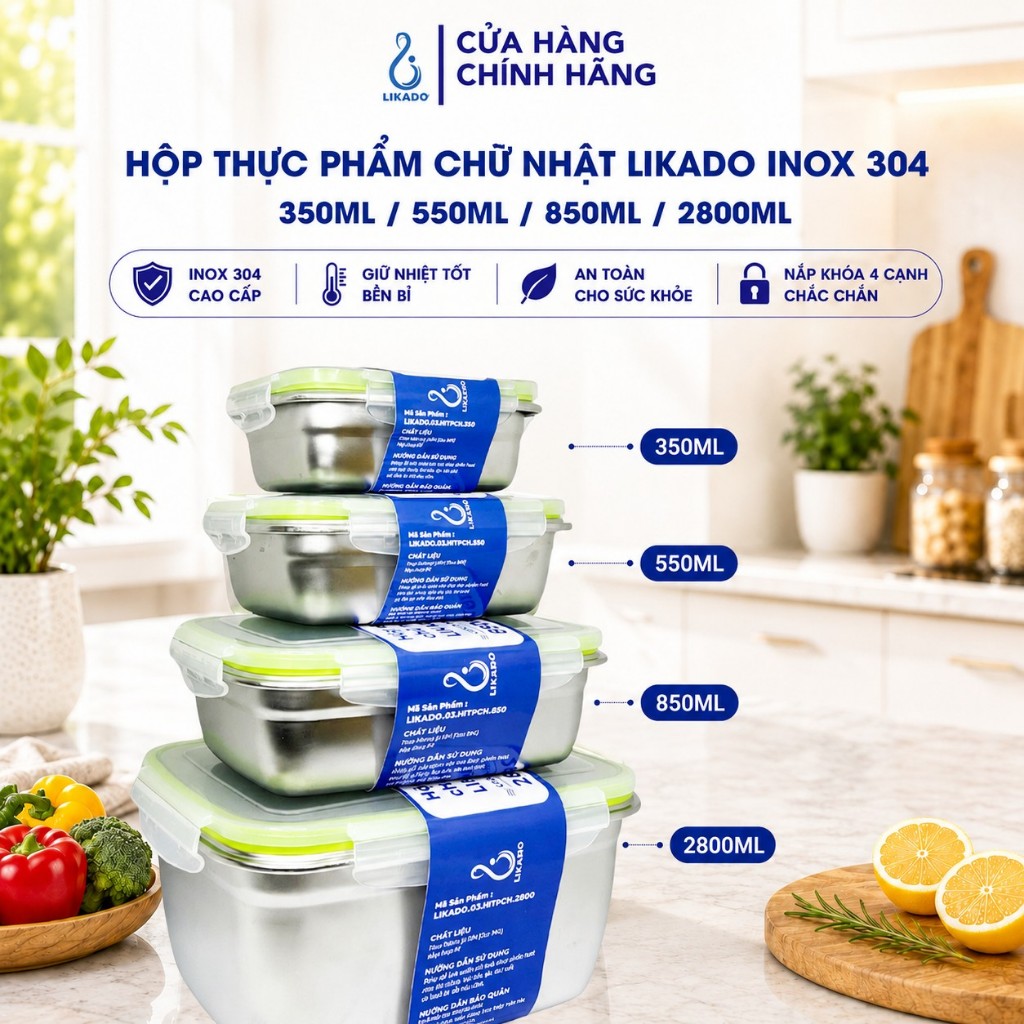 Hộp thực phẩm chữ nhật Likado inox 304 dung tích 350ml, 550ML, 850ml, 2800ml