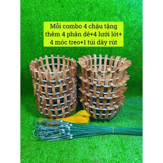 COMBO 4 Chậu Gỗ Nhãn Tăng Thêm 4 Nan. Tặng Móc Treo 1M, Lưới Lót, Phân Dê, Dây Rút. Từ F20 25 30 35 40, 2 Mẫu Sen Và Bí