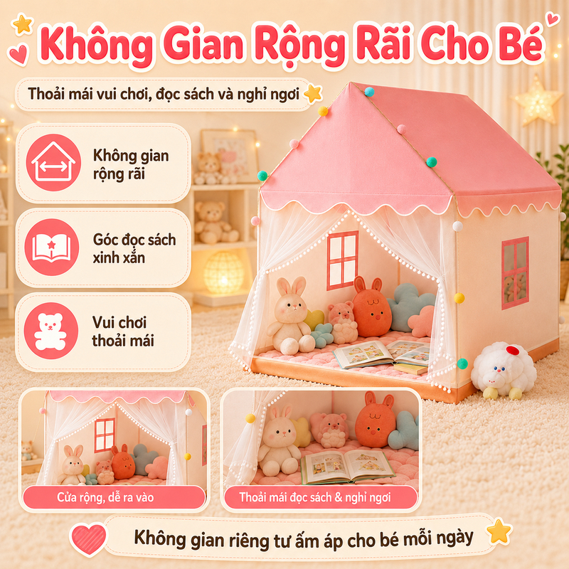 Lều Cho Bé Hình Ngôi Nhà An Toàn Cỡ Đại - Lều Công Chúa Hoàng Tử Khung Kim Loại Tặng Kèm Đèn Trang Trí Dễ Lắp Đặt