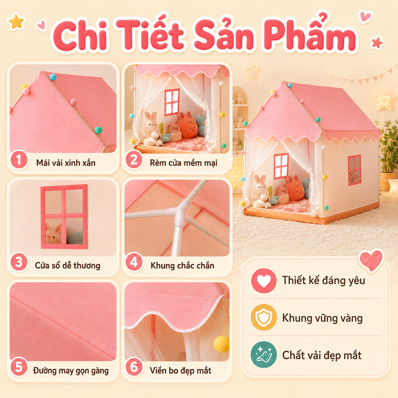 Lều Cho Bé Hình Ngôi Nhà An Toàn Cỡ Đại - Lều Công Chúa Hoàng Tử Khung Kim Loại Tặng Kèm Đèn Trang Trí Dễ Lắp Đặt