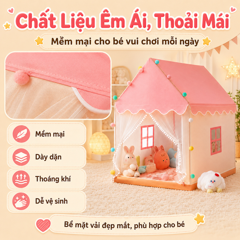 Lều Cho Bé Hình Ngôi Nhà An Toàn Cỡ Đại - Lều Công Chúa Hoàng Tử Khung Kim Loại Tặng Kèm Đèn Trang Trí Dễ Lắp Đặt