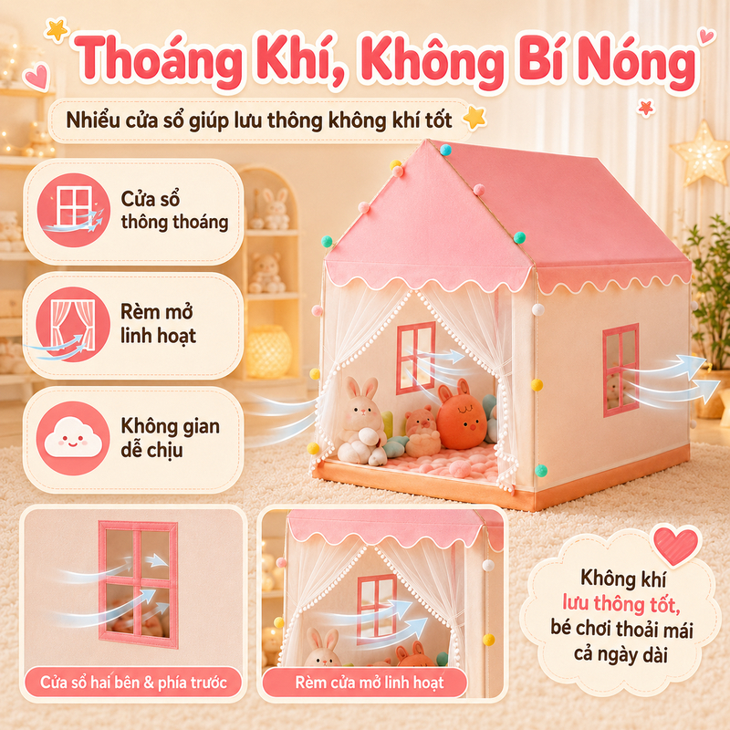 Lều Cho Bé Hình Ngôi Nhà An Toàn Cỡ Đại - Lều Công Chúa Hoàng Tử Khung Kim Loại Tặng Kèm Đèn Trang Trí Dễ Lắp Đặt