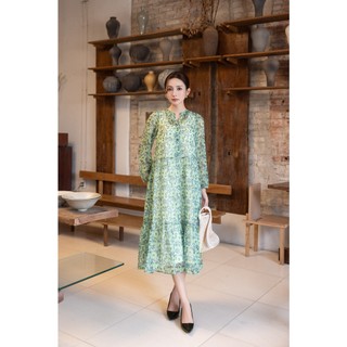 SWANLAKE | Váy Đầm Nữ Maxi Suông Xòe 2 Lớp Cổ Chữ V Cài Nút Tay Dài Vải Tơ In Hoa Đi Biển Hè D12073
