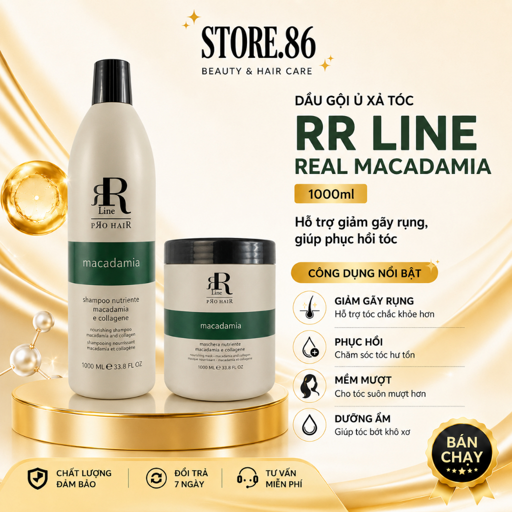 Combo Dầu Gội Ủ Xả Tóc RR Line Real Macadamia 1000ml Hỗ Trợ Phục Hồi Tóc Khô Xơ, Giảm Gãy Rụng
