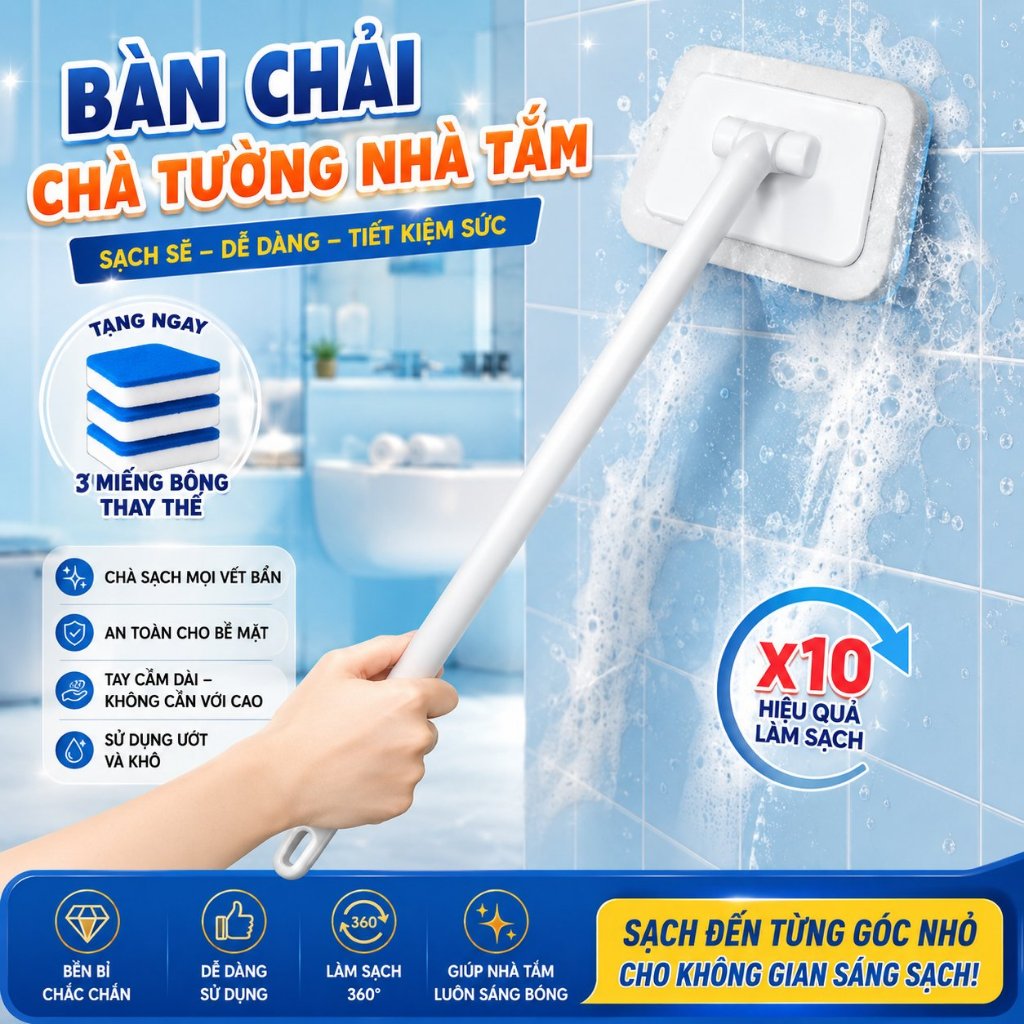 (Tặng 3 bông thay) Bàn Chải Nhà Tắm, kê tắm, Phòng Tắm, Bàn Chải S55 Cọ Rửa Sàn Nhà Tắm Tay Cầm Dài 56cm