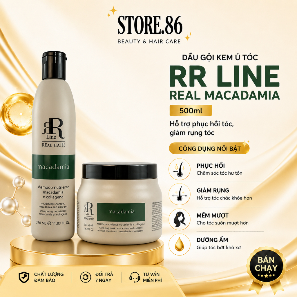 Dầu Gội Kem Ủ RR Line Real Macadamia 500ml Phục Hồi Tóc Hư Tổn, Mềm Mượt
