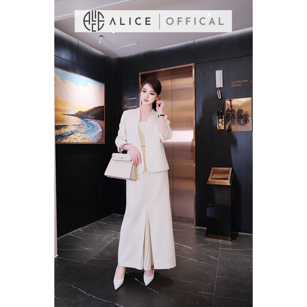Set Công Sở Cao Cấp Alice Chất Chéo Nhật 3 Chi Tiết, Áo 2 Dây Phối Vest Tay Lửng, Chân Váy Bút Chì S1104