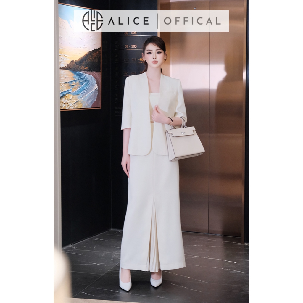 Set Công Sở Cao Cấp Alice Chất Chéo Nhật 3 Chi Tiết, Áo 2 Dây Phối Vest Tay Lửng, Chân Váy Bút Chì S1104