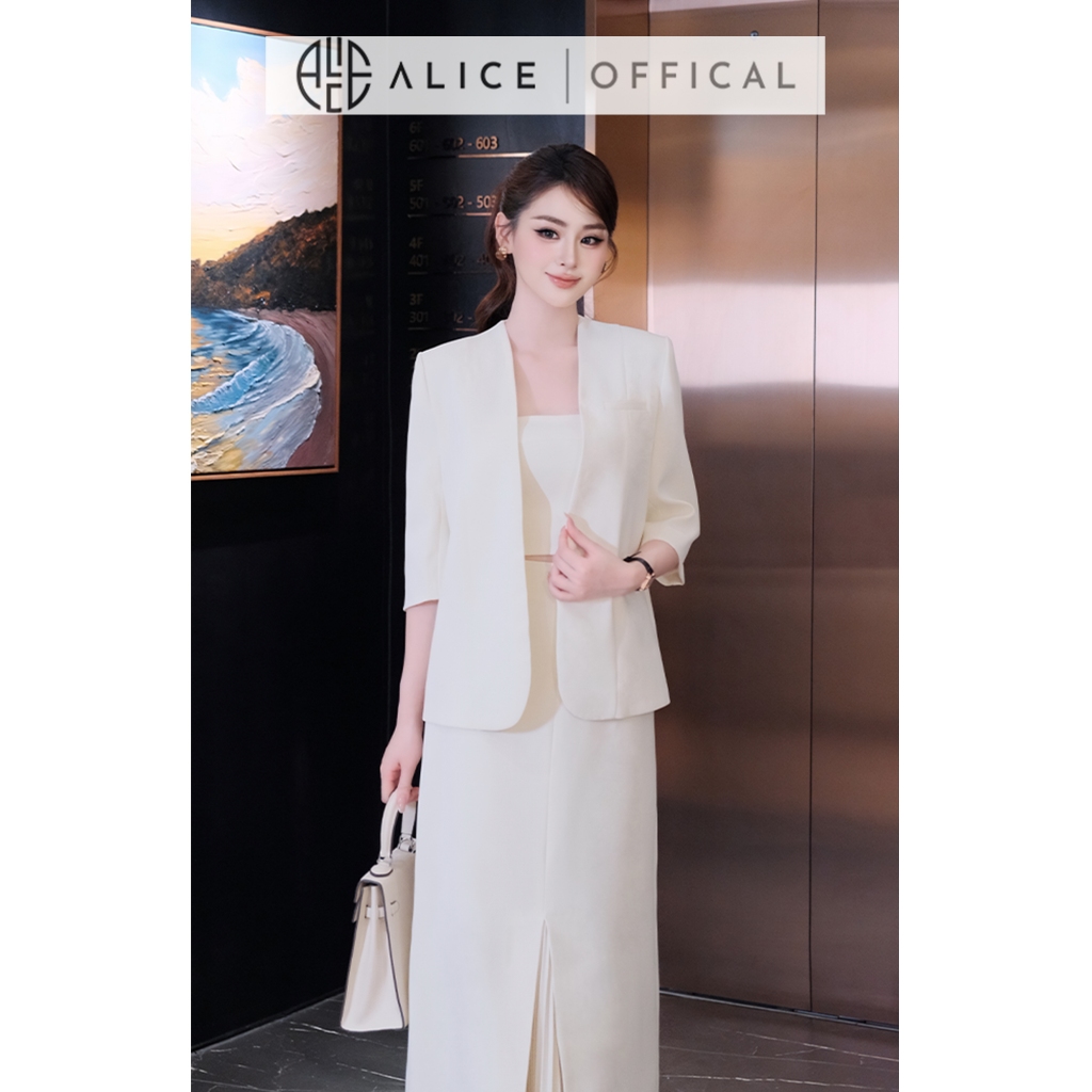 Set Công Sở Cao Cấp Alice Chất Chéo Nhật 3 Chi Tiết, Áo 2 Dây Phối Vest Tay Lửng, Chân Váy Bút Chì S1104