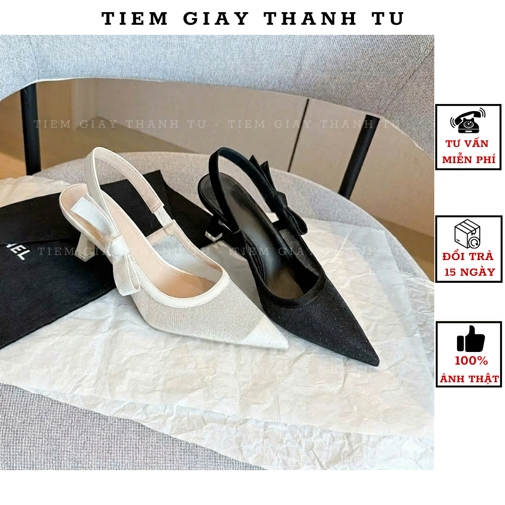43 Giày Cao Gót GYY Slingback Mũi Nhọn Phối Lưới Đính Nơ Thanh Lịch FULLBOX QCCC