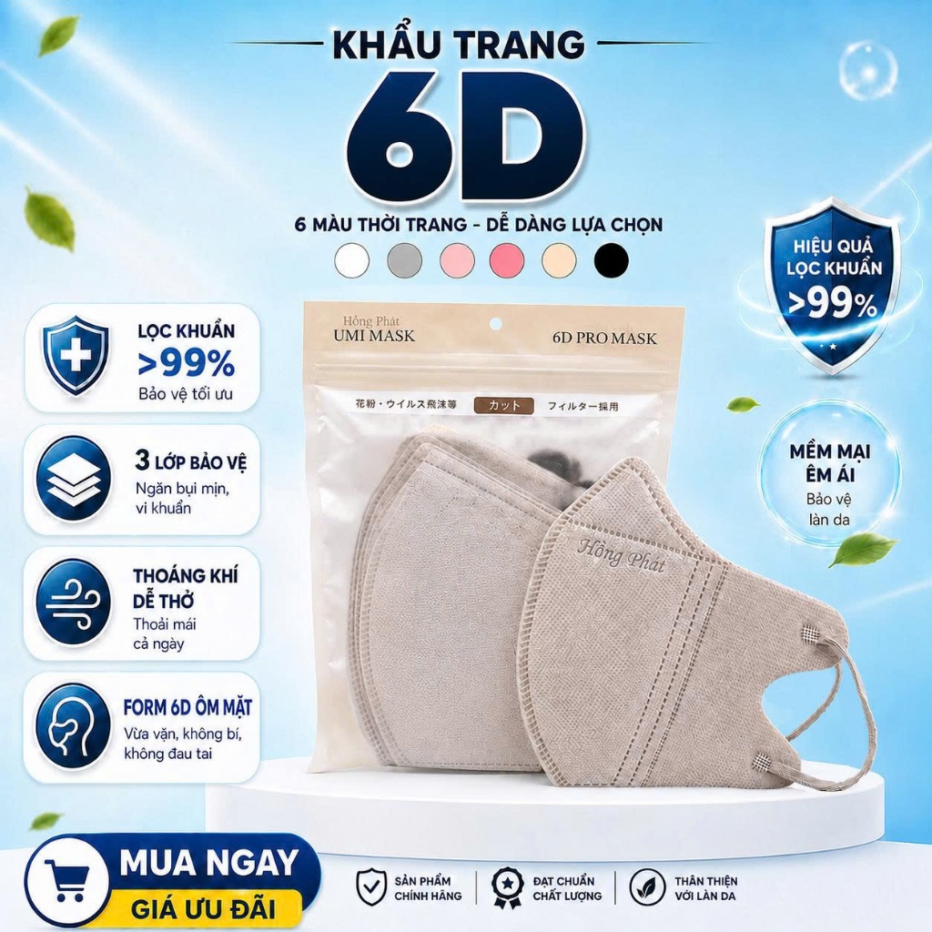 100 chiếc Khẩu trang 6D Mask 3 lớp kháng khuẩn mẫu form rộng chắn nắng tốt