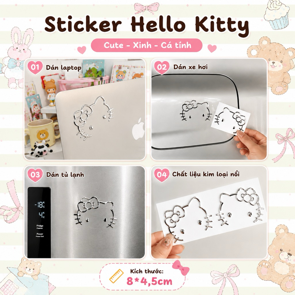Hình Dán Bạc Hello Kitty 3D Dễ Thương, Sticker Mèo KT Trang Trí Xe Máy ...