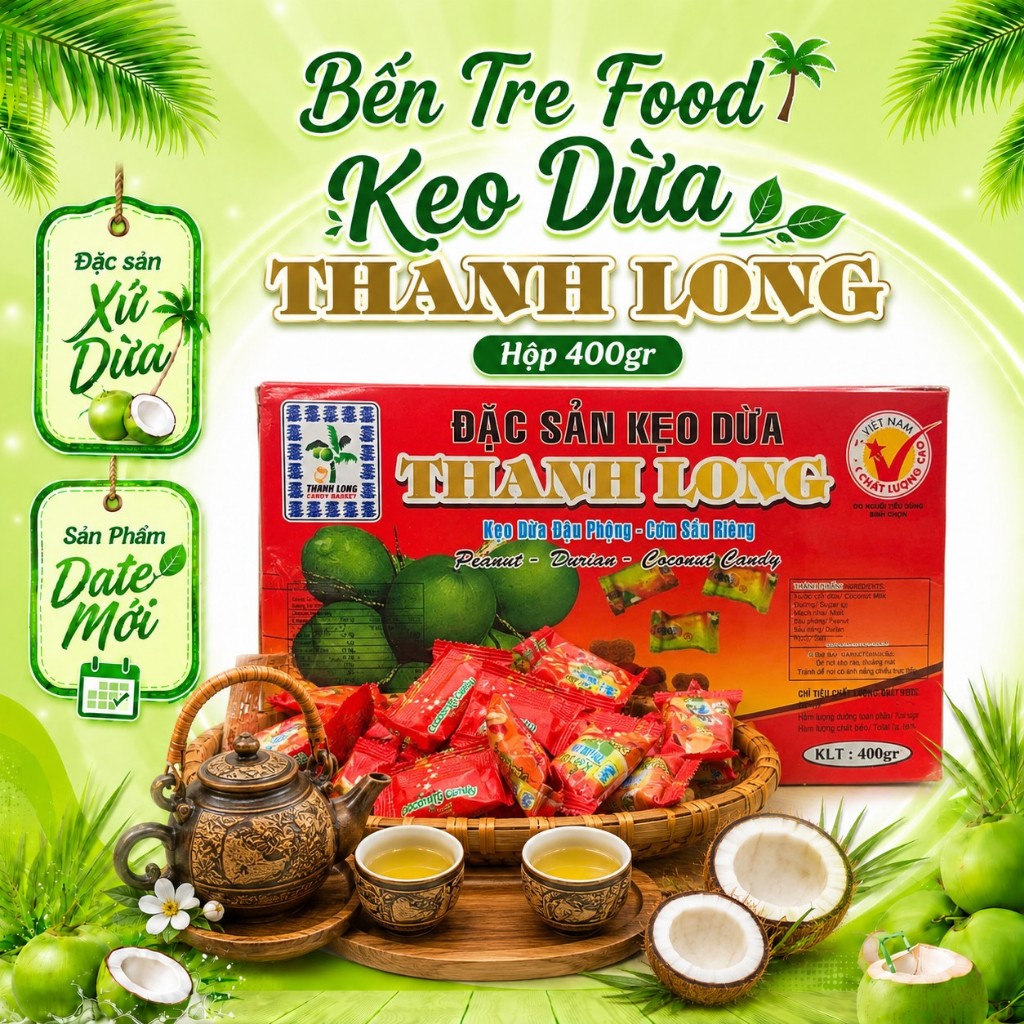 Kẹo dừa đậu phộng sầu riêngThanh Long loại đặt biệt hộp 400gr- Đặc Sản Bến Tre Shop