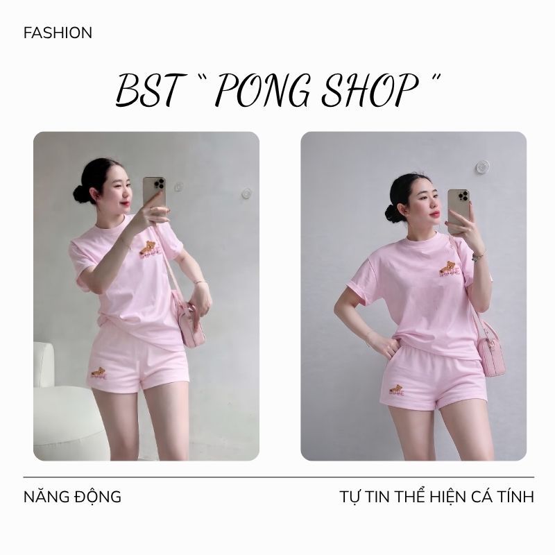 Bộ thun Nữ PONG Áo phông,Cổ Tròn,Tay Ngắn,Phối Quần short ,Chất Cotton Cao Cấp - CP_21962