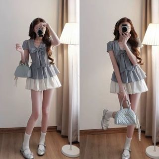 Áo Sơ Mi Sọc Nữ Tay Ngắn Dáng Babydoll Cúc Trước Ngực Dịu Dàng xanh đậm xanh nhạt trắng VANISA SMS101