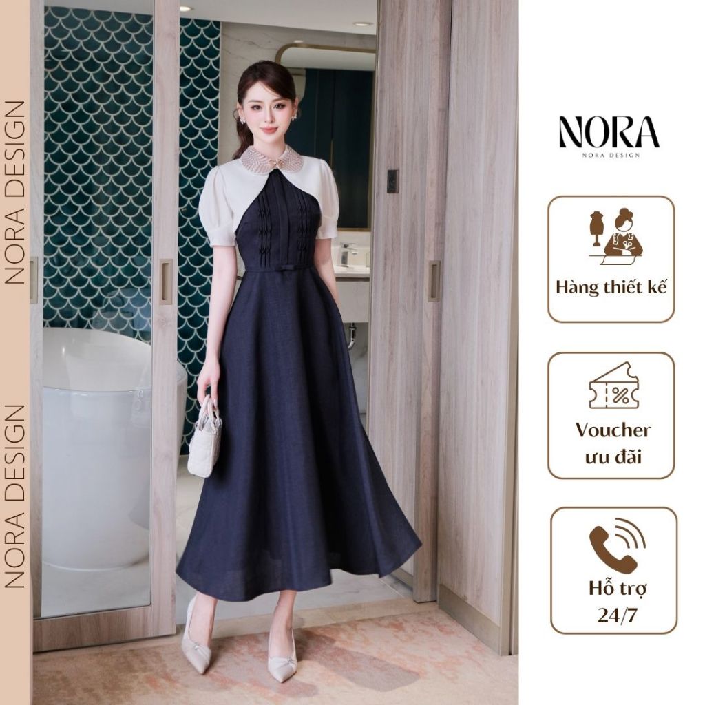 Váy Công Sở Cao Cấp NORA, Đầm Dáng Dài Phối Cổ Đá Giả Áo, Dây Nơ Eo Thanh Lịch Đi Làm V1485