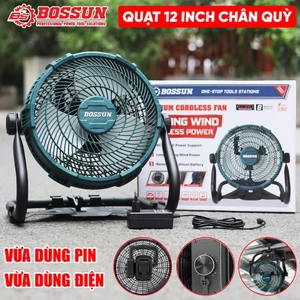 Quạt pin Bossun M21B-Q12I 12 inch chân quỳ Lồng quạt 12inch, Cò vô cấp chỉnh tốc, Gập lên xuống 360 độ, Có móc