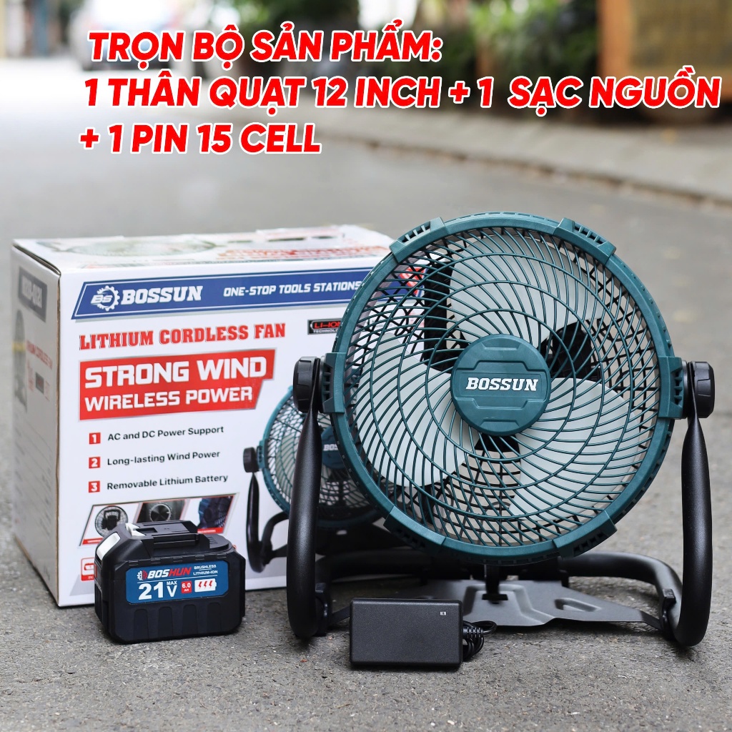 Quạt pin Bossun M21B-Q12I 12 inch chân quỳ Lồng quạt 12inch, Cò vô cấp chỉnh tốc, Gập lên xuống 360 độ, Có móc