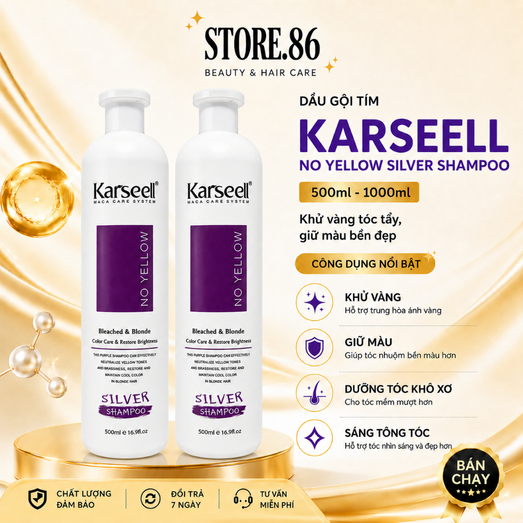 Dầu Gội Tím KARSEELL 500ml - 1000ml Hỗ Trợ Khử Ánh Vàng, Giữ Màu Cho Tóc Tẩy Nhuộm Màu Thời Trang