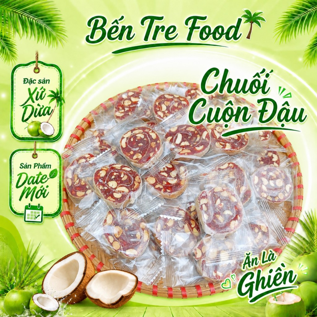 Kẹo chuối cuộn bánh phồng đậu phộng ít đường 1kg ( 2 túi) đồ ăn vặt