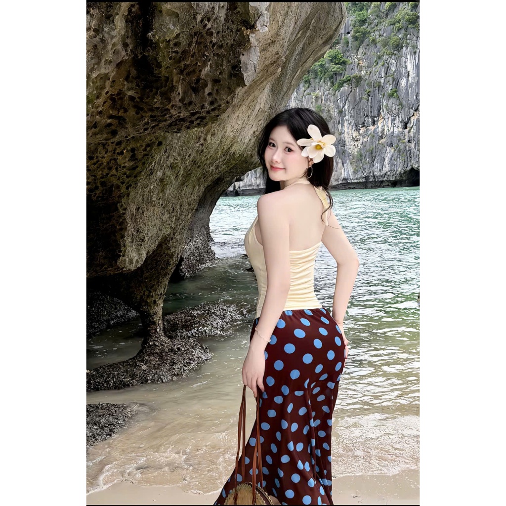 SweeticMe Nữ 2025 Thời Trang Mới Màu Sắc Tương Phản Chấm Bi Lưới Không Đều Nhìn Xuyên Qua Váy Dài