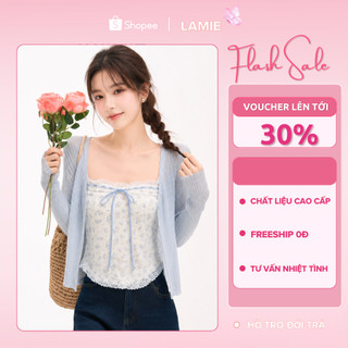 Set Cardigan Len Mỏng Gân Dọc Phối Áo Hai Dây Hoa Nhí Viền Ren Nơ Ngực Nàng Thơ Hàn Quốc Thanh Lịch