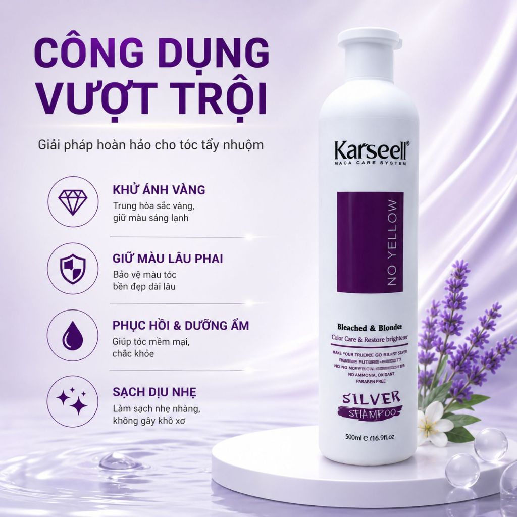 Dầu Gội Tím KARSEELL 500ml - 1000ml Hỗ Trợ Khử Ánh Vàng, Giữ Màu Cho Tóc Tẩy Nhuộm Màu Thời Trang
