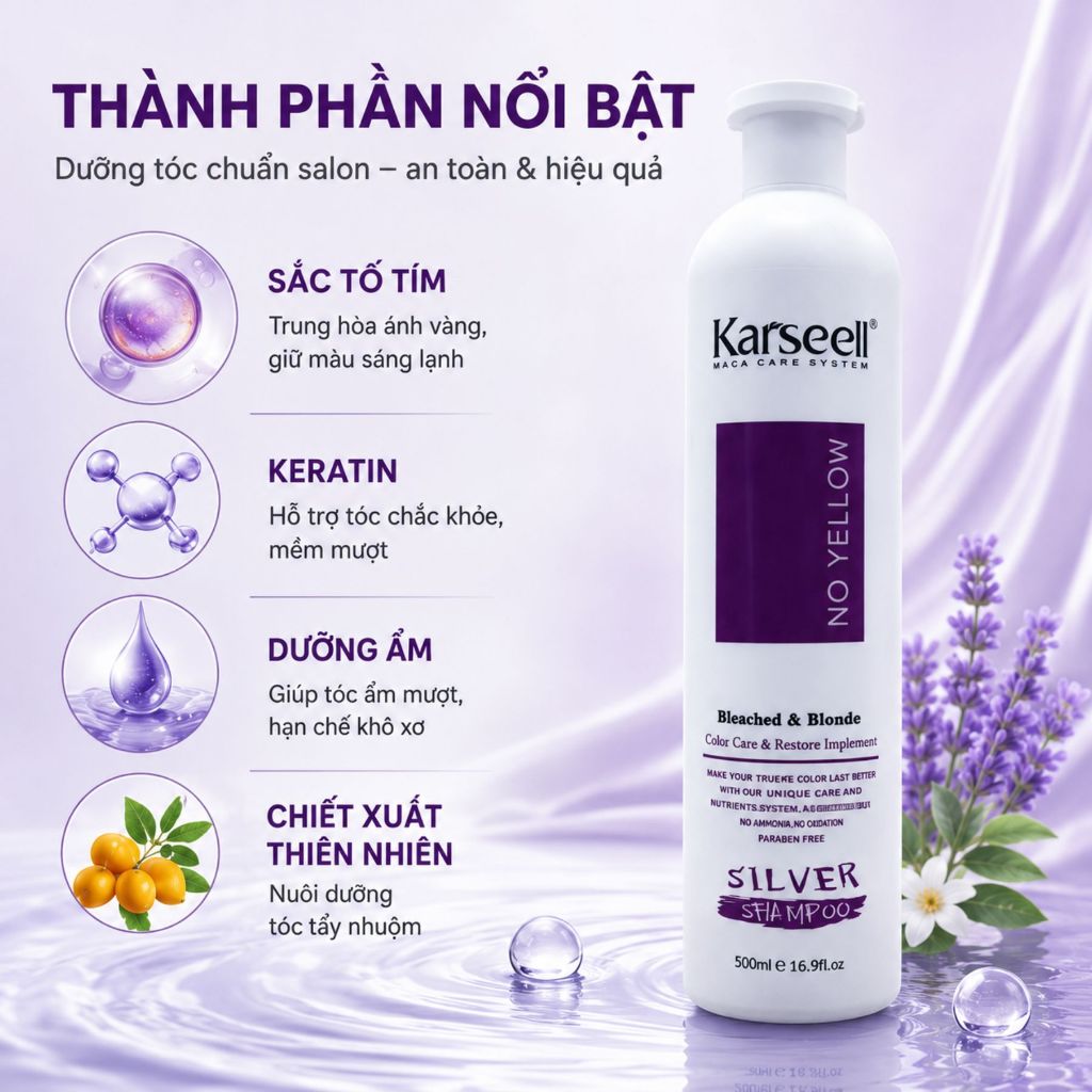 Dầu Gội Tím KARSEELL 500ml - 1000ml Hỗ Trợ Khử Ánh Vàng, Giữ Màu Cho Tóc Tẩy Nhuộm Màu Thời Trang