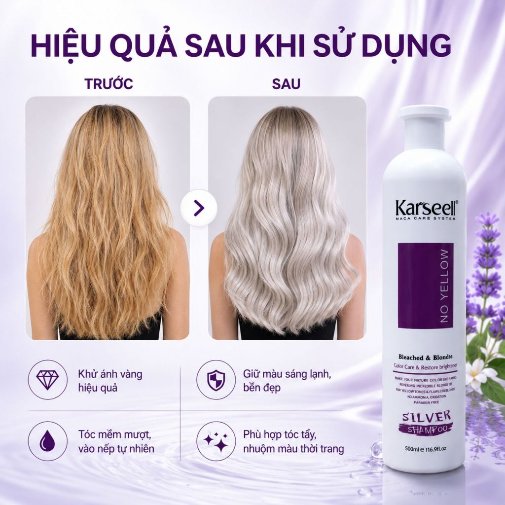 Dầu Gội Tím KARSEELL 500ml - 1000ml Hỗ Trợ Khử Ánh Vàng, Giữ Màu Cho Tóc Tẩy Nhuộm Màu Thời Trang