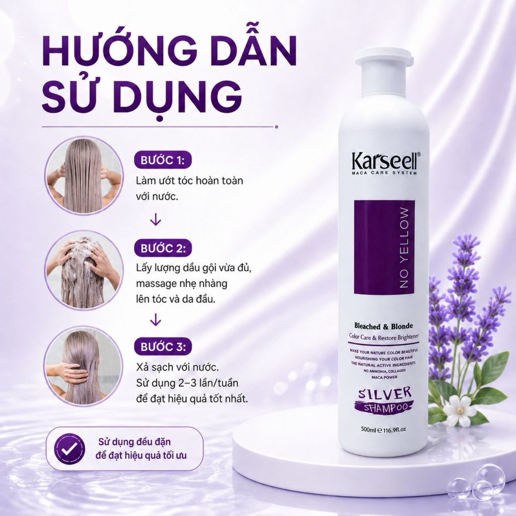 Dầu Gội Tím KARSEELL 500ml - 1000ml Hỗ Trợ Khử Ánh Vàng, Giữ Màu Cho Tóc Tẩy Nhuộm Màu Thời Trang