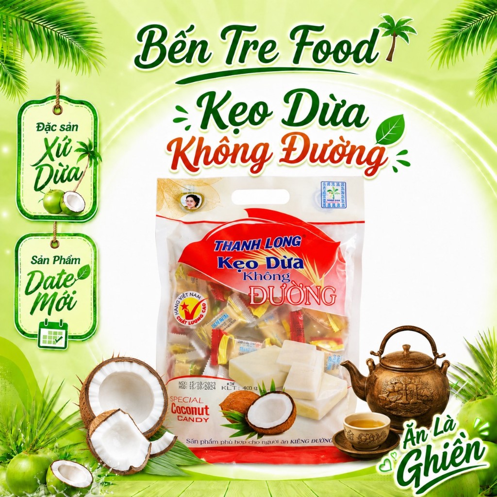 Kẹo dừa sáp không đường Bên Tre túi 400gr