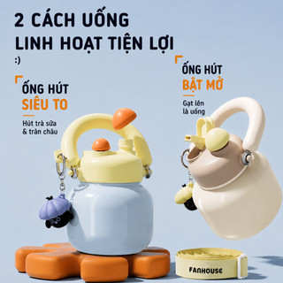 Bình giữ nhiệt Chubby 800ml inox 316L phủ sứ, Fan House bình nước khắc tên ống hút trà sữa trân châu