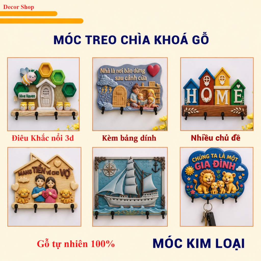 Bảng gỗ móc khóa gỗ tự nhiên điêu khắc 3D, Trang trí phòng ngủ, phòng khách, phòng bếp, decor phòng, treo tường podesign
