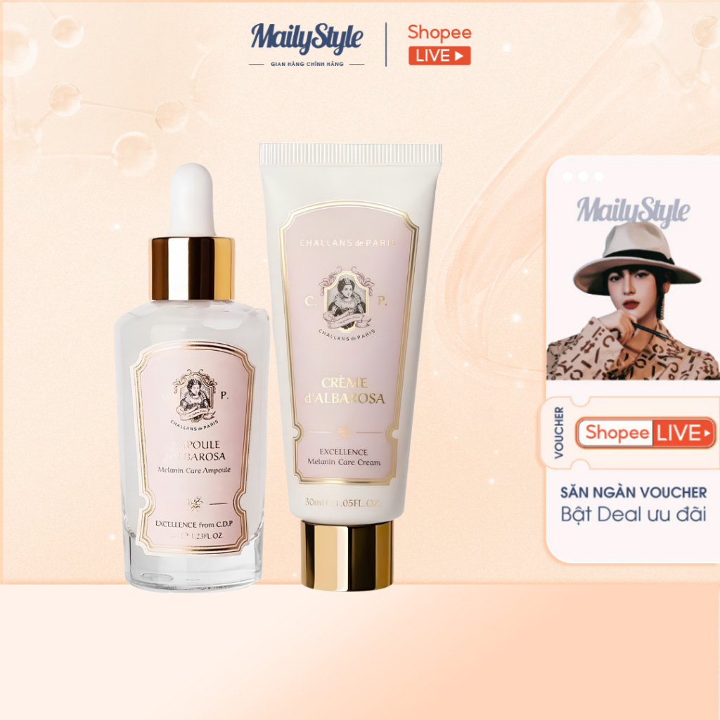 S94_COMBO Tinh chất Challans Ampoule d'Albarosa (Q92) + Kem Dưỡng Sáng Da Challans Excellence Melanin Care 75ml (Q93)