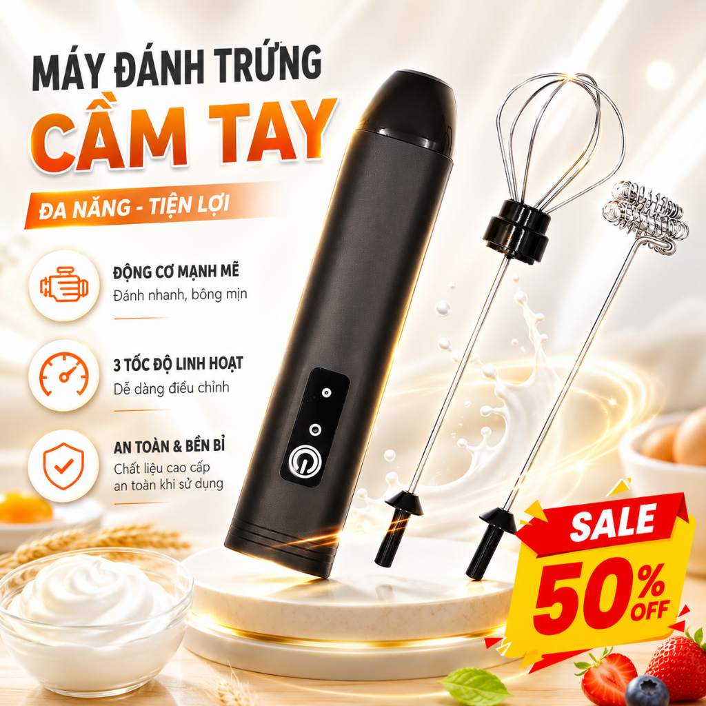 Máy Đánh Trứng, Đánh Sữa Và Tạo Bọt Cafe Di Động Cầm Tay 3 Tốc Độ Sử Dụng Pin Sạc Cao Cấp