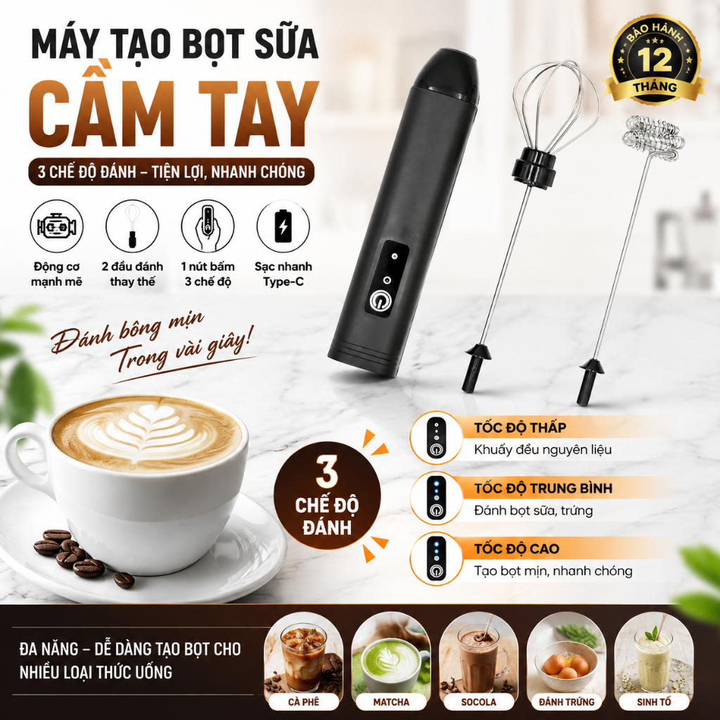 Máy Đánh Trứng, Đánh Sữa Và Tạo Bọt Cafe Di Động Cầm Tay 3 Tốc Độ Sử Dụng Pin Sạc Cao Cấp