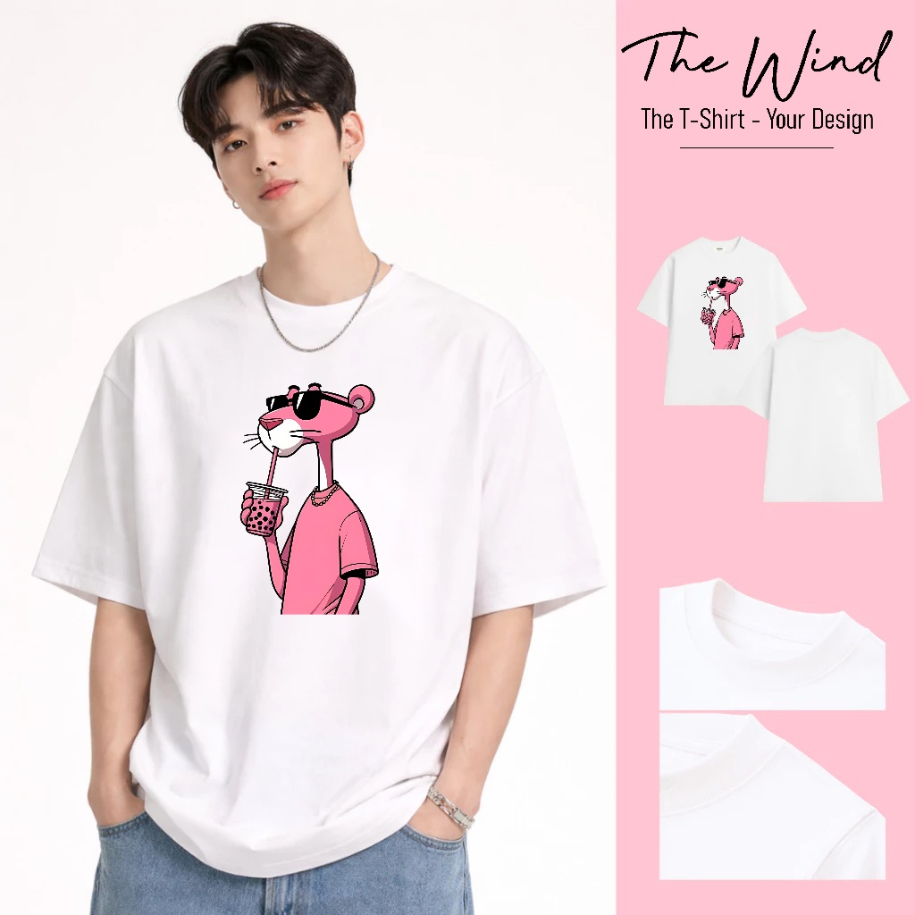 Áo thun Báo Hồng Pink Panther Uống Trà Sữa Form Rộng Co Giãn 2 Chiều Chất Liệu Cotton