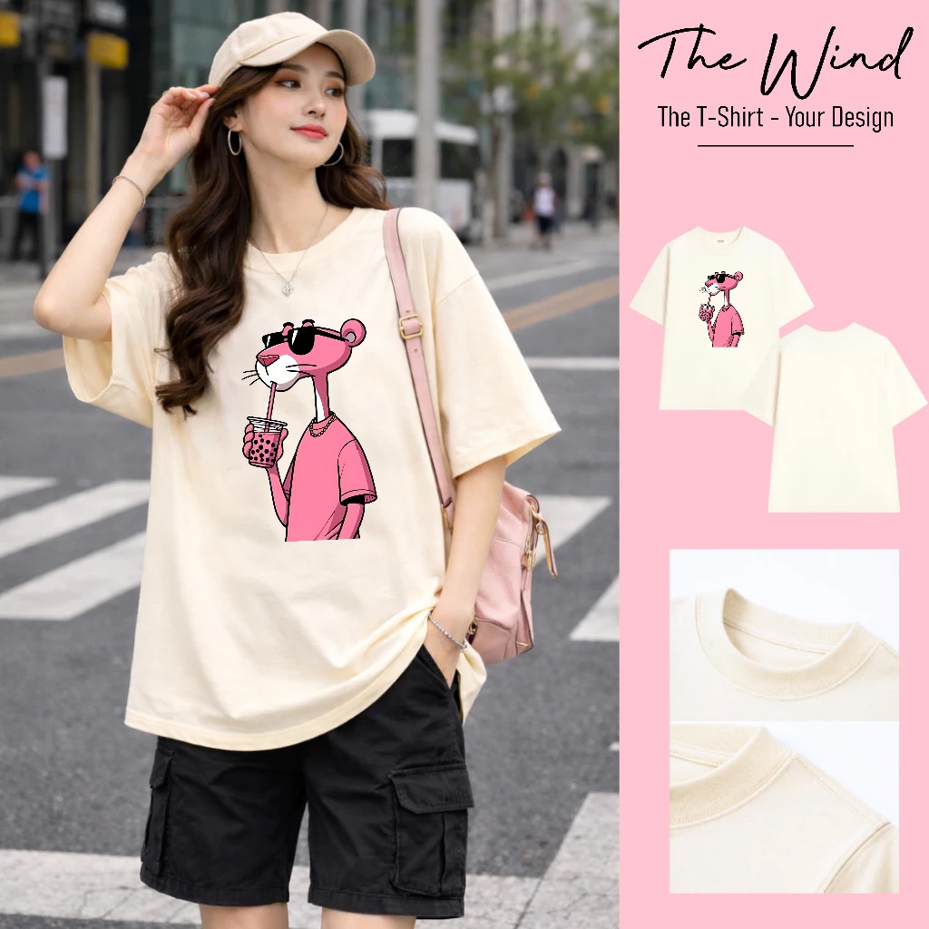 Áo thun Báo Hồng Pink Panther Uống Trà Sữa Form Rộng Co Giãn 2 Chiều Chất Liệu Cotton