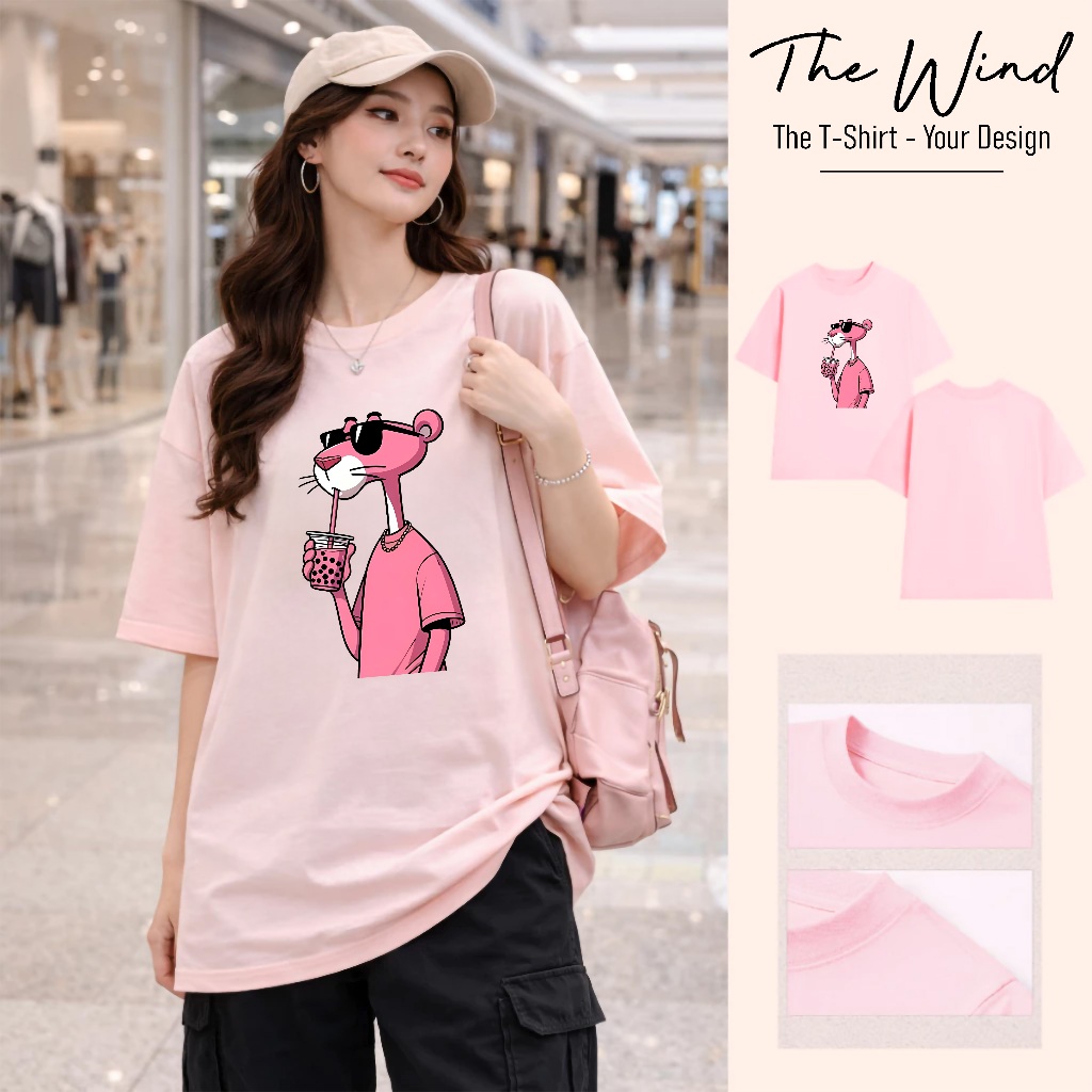 Áo thun Báo Hồng Pink Panther Uống Trà Sữa Form Rộng Co Giãn 2 Chiều Chất Liệu Cotton
