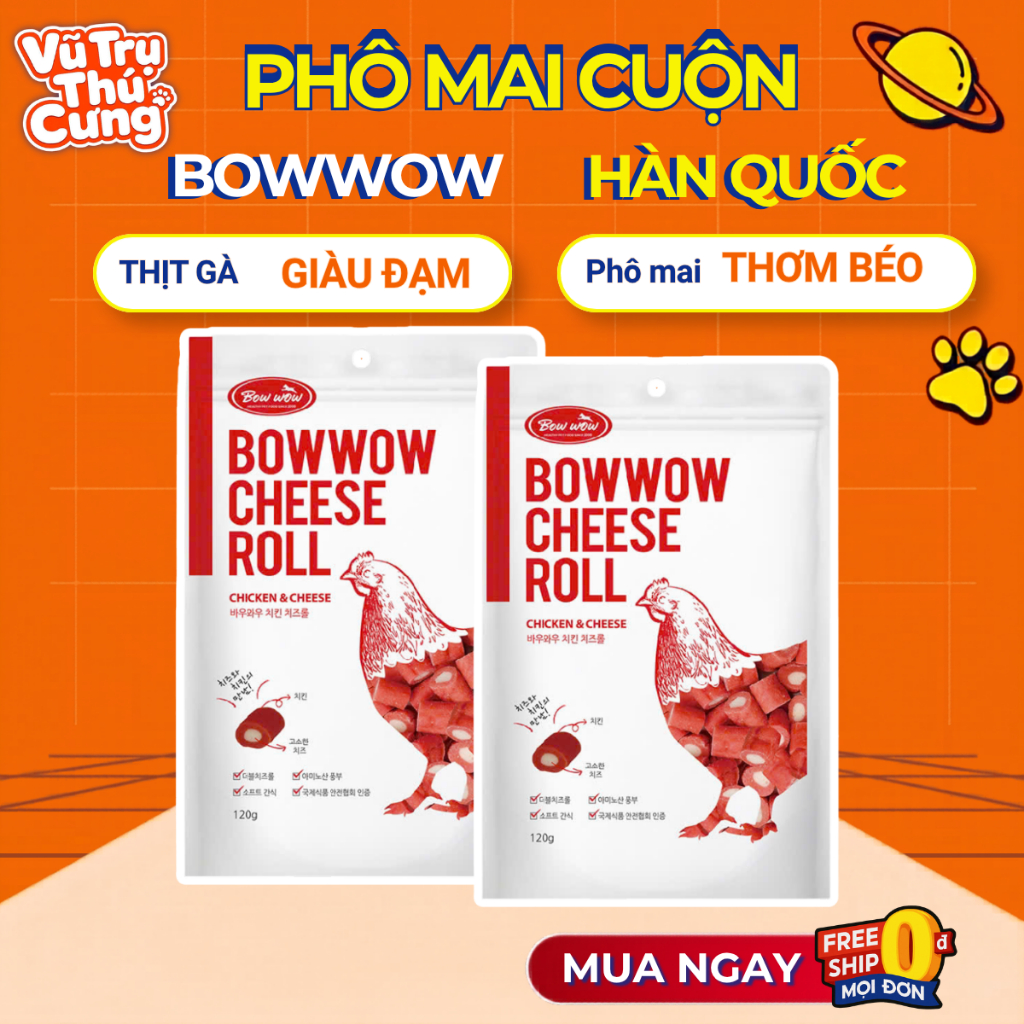 Snack cho Chó Phô mai cuộn Thịt gà Bowwow Hàn Quốc 120g