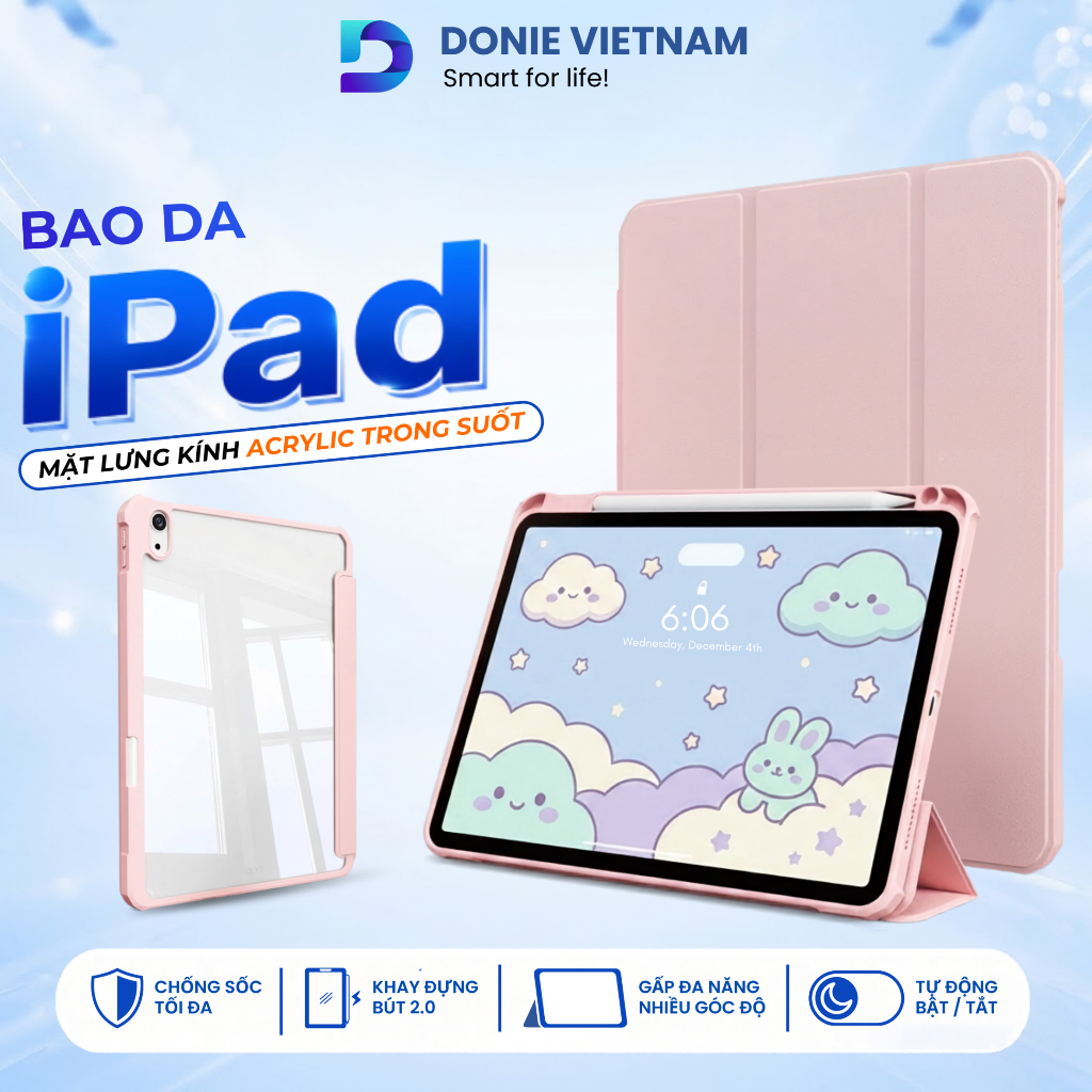 Bao Da iPad DIY Ver 2 Mặt Lưng Kính Acrylic Tong Suốt Cho Gen 10/11 Air 6/7 Pro 11 M3 M4 | DONIE P04