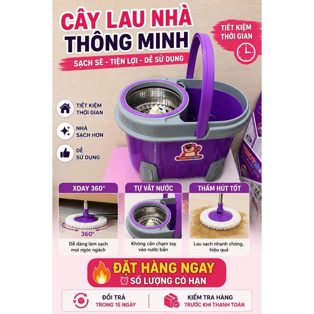 Bộ lau nhà 360 độ Tisot Mop, lồng quay siêu nhẹ, siêu bền