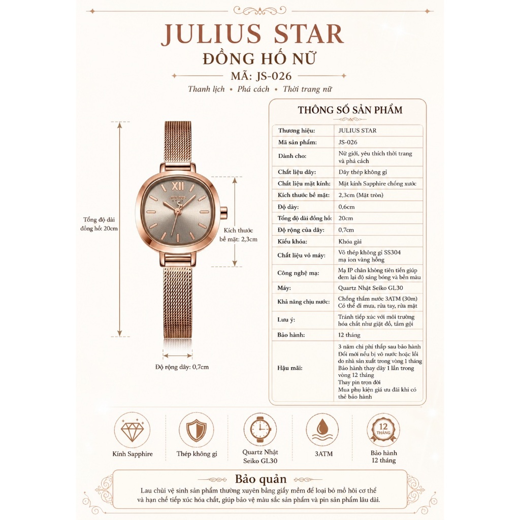 Đồng Hồ Nữ JS-026 Kính Sapphire Julius Star Hàn Quốc (4 Màu)