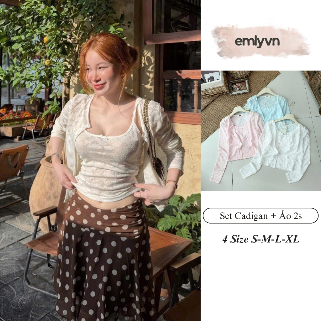 EMLY- Set Áo 2 Dây Ren Hoa Kèm Cardigan Nữ Mỏng Nhẹ Tiểu Thư Hàn Quốc, Set Áo 2 Món Nữ