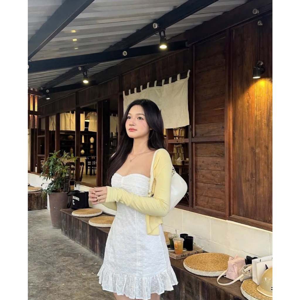 SET ĐẦM CÚP NGỰC XÔ HOA KÈM QUẦN SHORT VÀ CARDIGAN VÀNG, SET ĐỒ NỮ TIỂU THƯ HOT TREND | MEOINDAHOUSE