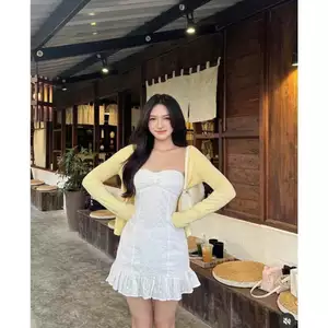 SET ĐẦM CÚP NGỰC XÔ HOA KÈM QUẦN SHORT VÀ CARDIGAN VÀNG, SET ĐỒ NỮ TIỂU THƯ HOT TREND | MEOINDAHOUSE