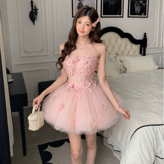 Đầm Công Chúa Hồng 3D Hoa Nổi Cúp Ngực Dáng Xòe Ngắn Dự Tiệc Sinh Nhật Chụp Ảnh