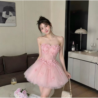 Đầm Công Chúa Hồng 3D Hoa Nổi Cúp Ngực Dáng Xòe Ngắn Dự Tiệc Sinh Nhật Chụp Ảnh