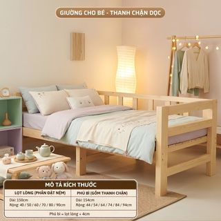 Giường Ghép Trẻ Em 1M5 - Ghép Nối với Giường Bố Mẹ, Có Thanh Chắn, Gỗ Qua Sấy Nhiệt, Chống Mối Mọt